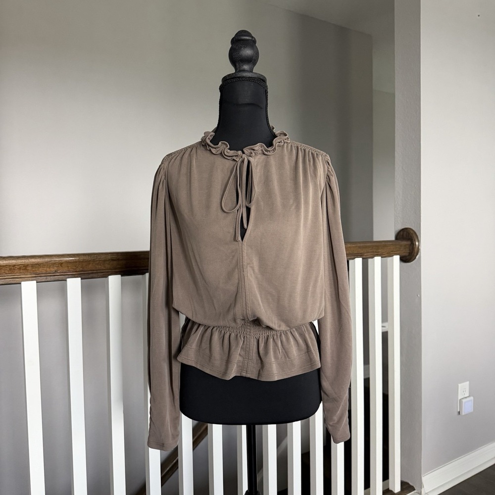 Elie‎ Tahari Victorian Ruffle Peplum Blouse Size S Romantic Poet Boho Top Taupe